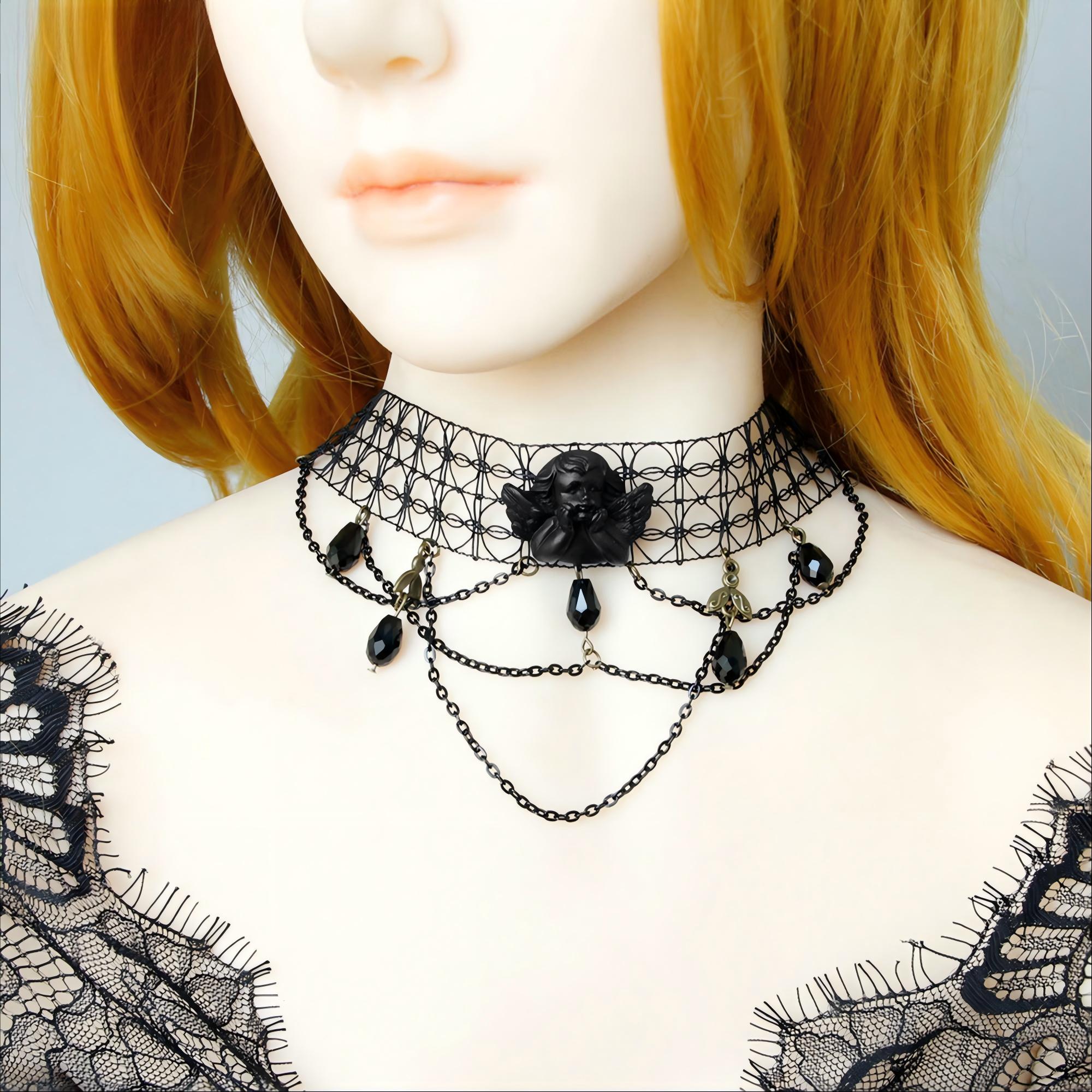 Halloween Black Mesh Choker Necklace | Dark Angel Cameo Multi-Layer Chain Crystal Teardrop Drop Gothic Victorian Vampire Halloween Costume Jewelry Gift