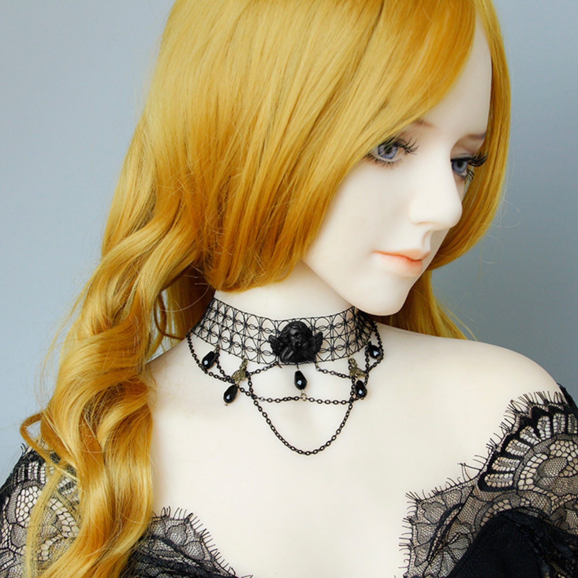 Halloween Black Mesh Choker Necklace | Dark Angel Cameo Multi-Layer Chain Crystal Teardrop Drop Gothic Victorian Vampire Halloween Costume Jewelry Gift
