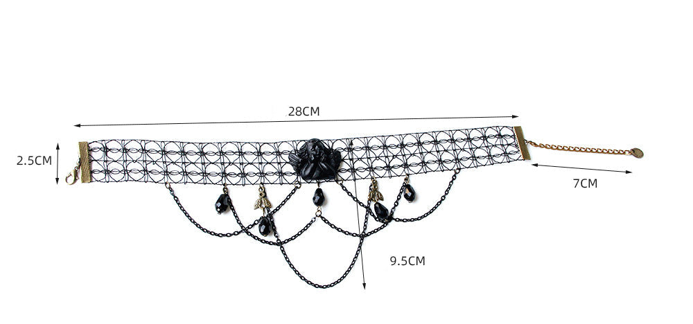 Halloween Black Mesh Choker Necklace | Dark Angel Cameo Multi-Layer Chain Crystal Teardrop Drop Gothic Victorian Vampire Halloween Costume Jewelry Gift