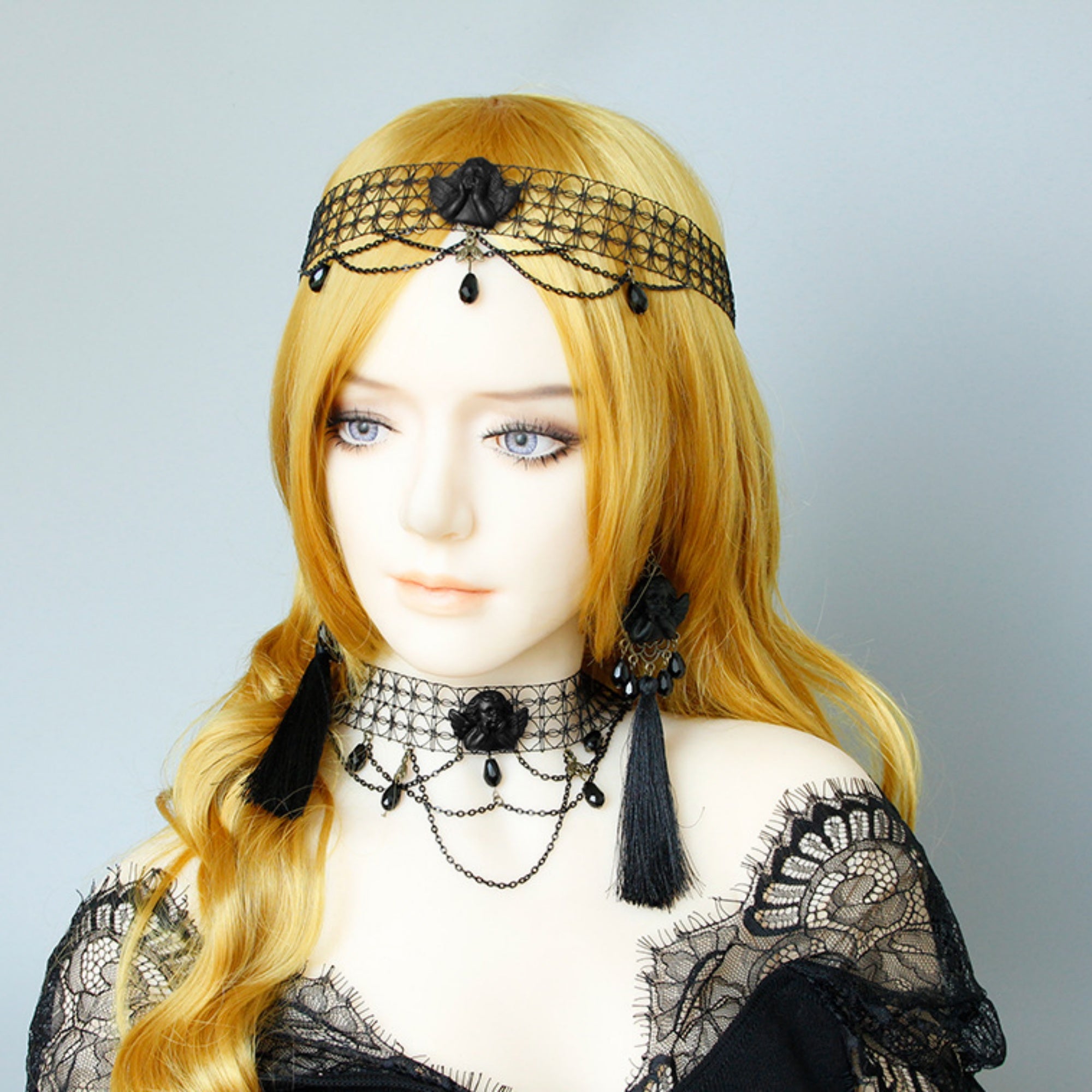 Halloween Black Mesh Choker Necklace | Dark Angel Cameo Multi-Layer Chain Crystal Teardrop Drop Gothic Victorian Vampire Halloween Costume Jewelry Gift