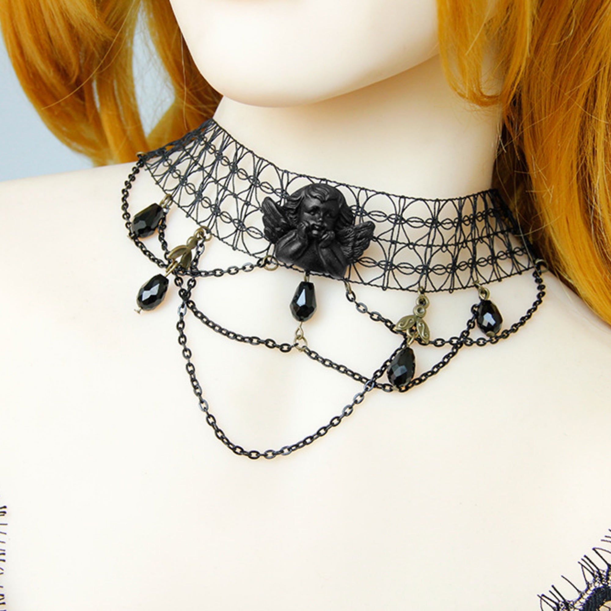 Halloween Black Mesh Choker Necklace | Dark Angel Cameo Multi-Layer Chain Crystal Teardrop Drop Gothic Victorian Vampire Halloween Costume Jewelry Gift