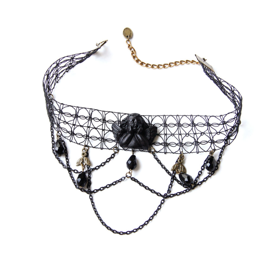 Halloween Black Mesh Choker Necklace | Dark Angel Cameo Multi-Layer Chain Crystal Teardrop Drop Gothic Victorian Vampire Halloween Costume Jewelry Gift