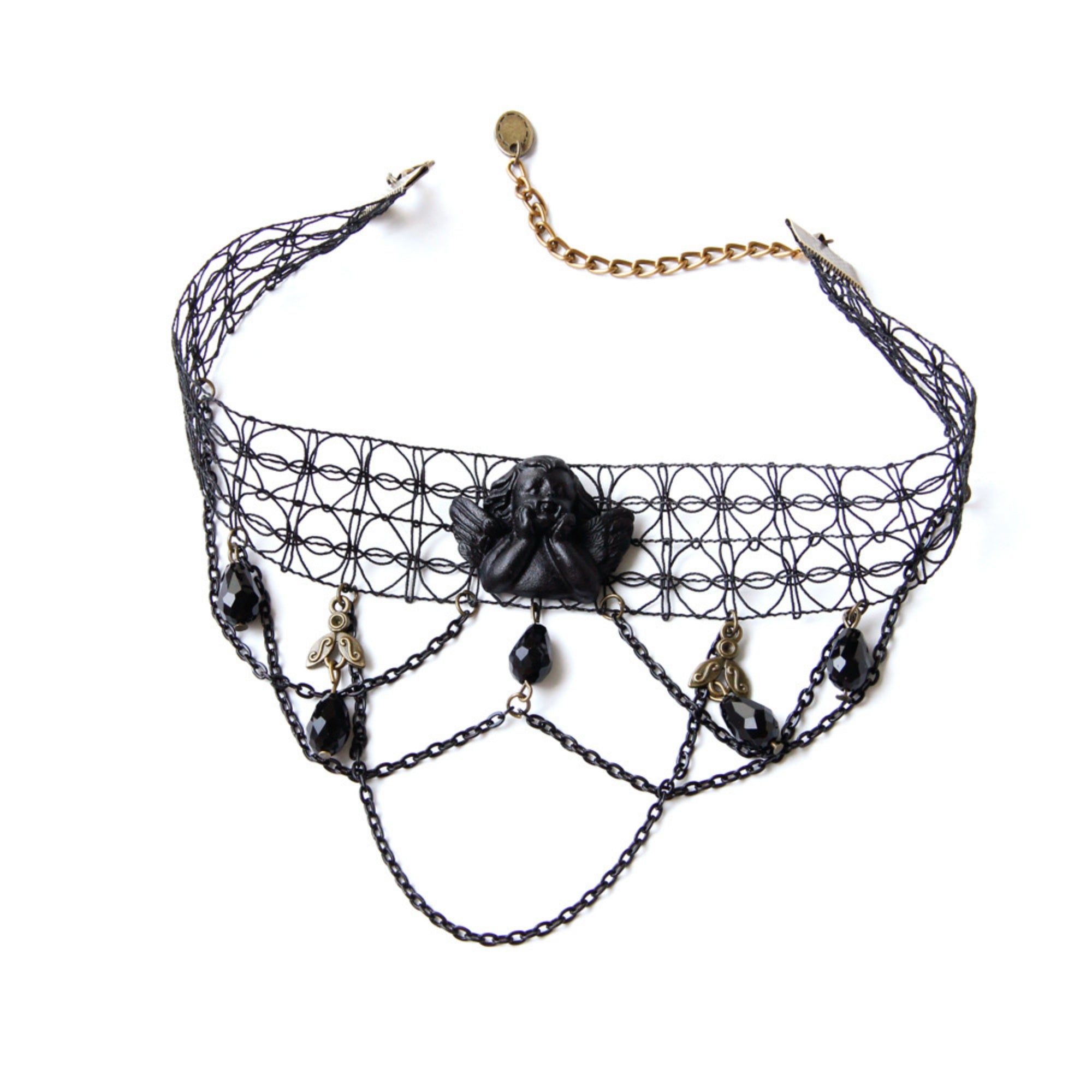 Halloween Black Mesh Choker Necklace | Dark Angel Cameo Multi-Layer Chain Crystal Teardrop Drop Gothic Victorian Vampire Halloween Costume Jewelry Gift