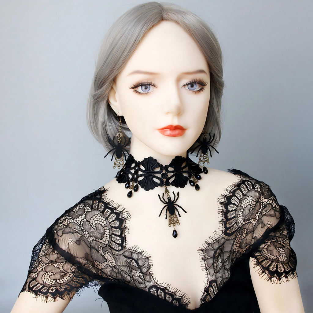 Halloween Gothic Black Spider Choker Necklace & Earrings Jewelry Set | Black Velvet Crystal Drop Dark Witch Halloween Costume Jewelry