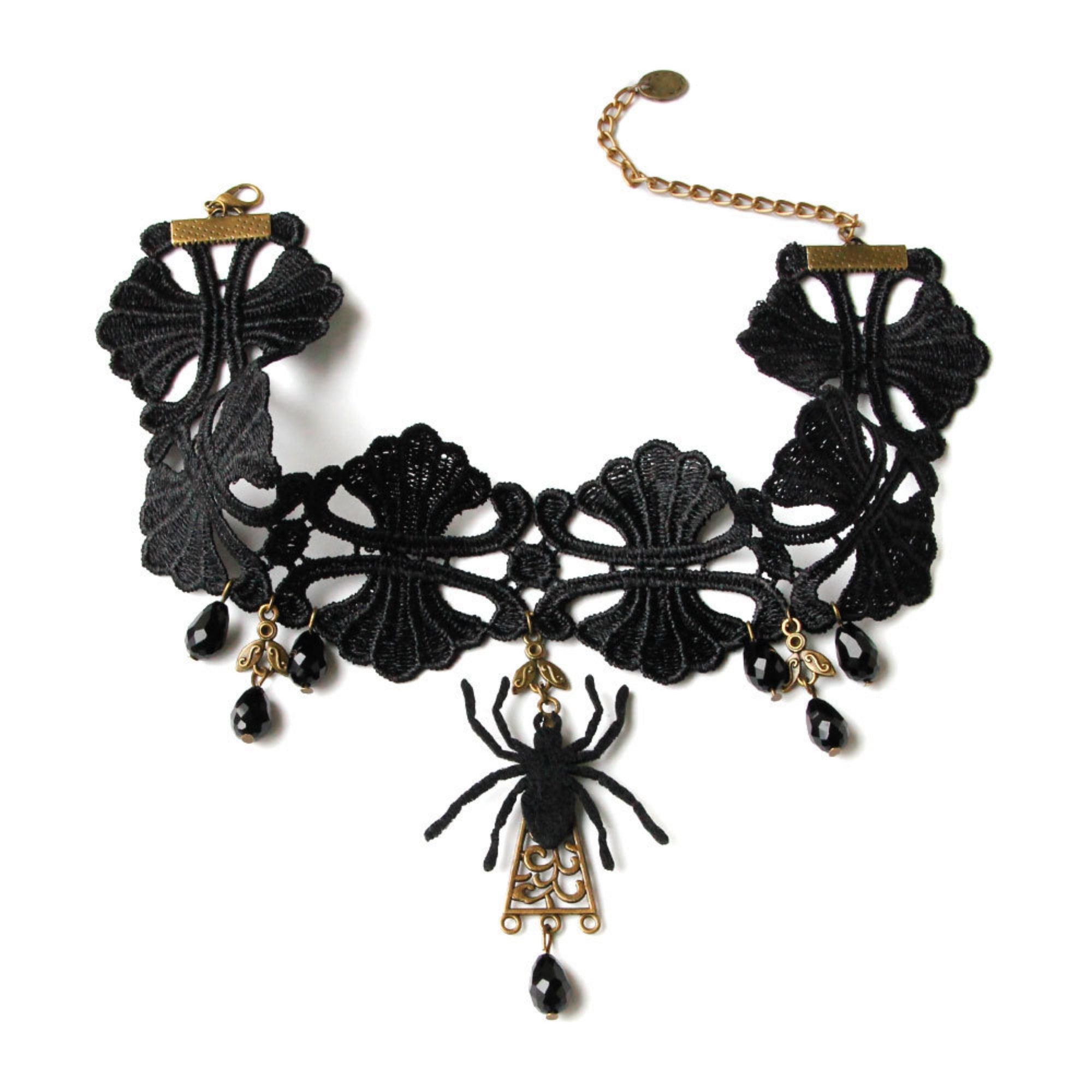 Halloween Gothic Black Spider Choker Necklace & Earrings Jewelry Set | Black Velvet Crystal Drop Dark Witch Halloween Costume Jewelry
