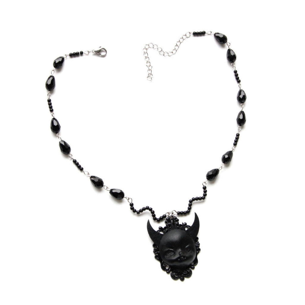 Halloween Black Crystal Bead Chain Demon Face Cameo Pendant Necklace | Gothic Y2K Dark Kawaii Devil Horns Floral Frame Vampire Halloween Costume Jewelry Gift
