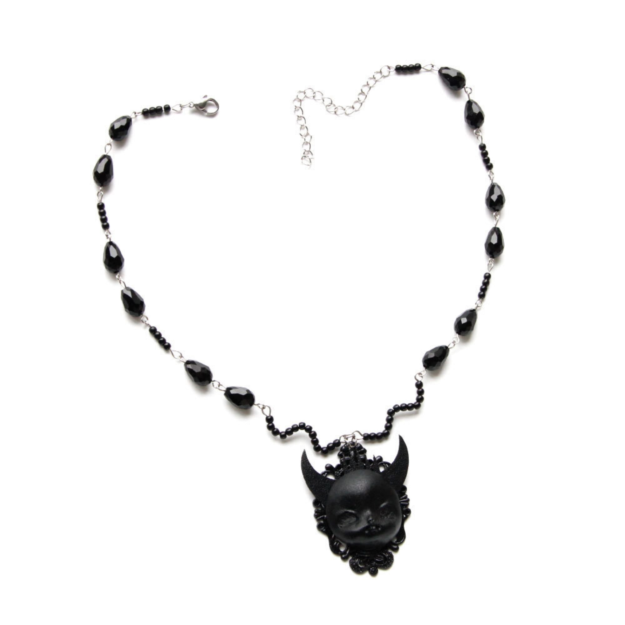 Halloween Black Crystal Bead Chain Demon Face Cameo Pendant Necklace | Gothic Y2K Dark Kawaii Devil Horns Floral Frame Vampire Halloween Costume Jewelry Gift
