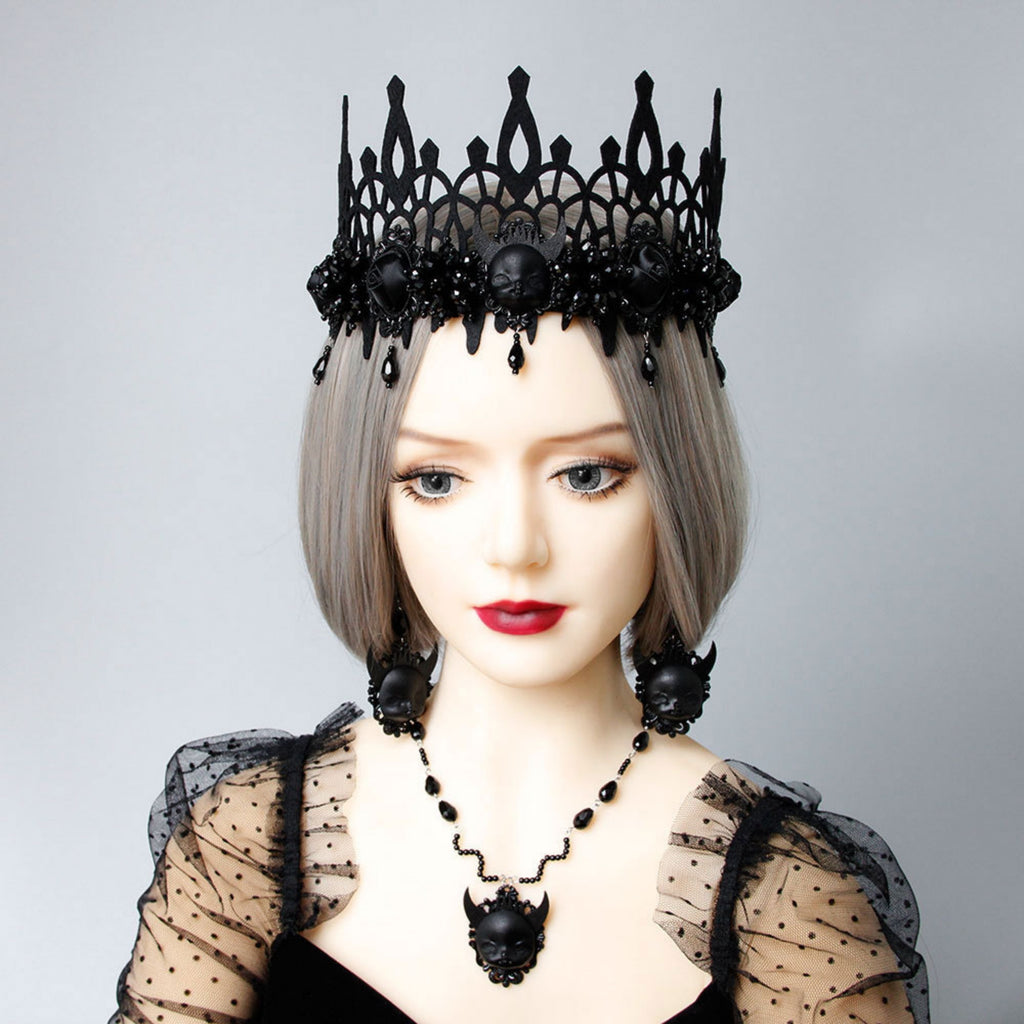 Halloween Black Crystal Bead Chain Demon Face Cameo Pendant Necklace | Gothic Y2K Dark Kawaii Devil Horns Floral Frame Vampire Halloween Costume Jewelry Gift