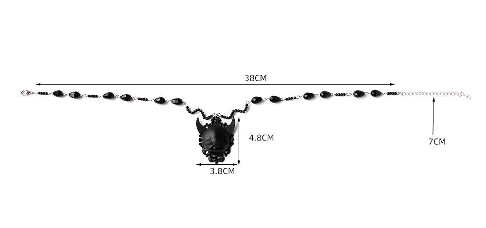 Halloween Black Crystal Bead Chain Demon Face Cameo Pendant Necklace | Gothic Y2K Dark Kawaii Devil Horns Floral Frame Vampire Halloween Costume Jewelry Gift