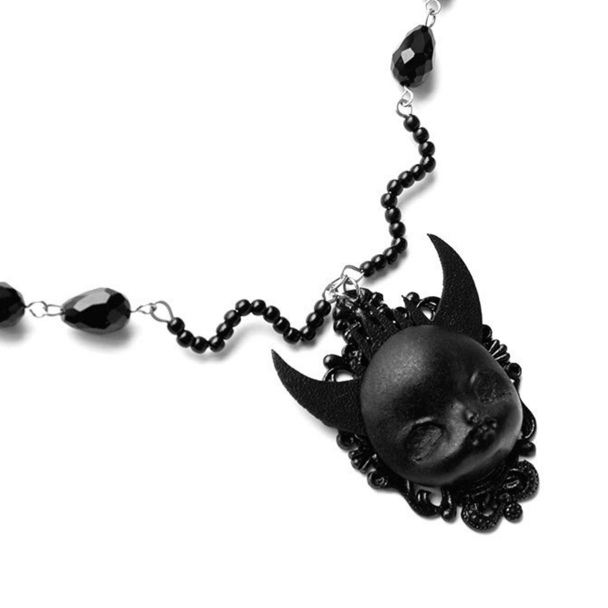 Halloween Black Crystal Bead Chain Demon Face Cameo Pendant Necklace | Gothic Y2K Dark Kawaii Devil Horns Floral Frame Vampire Halloween Costume Jewelry Gift