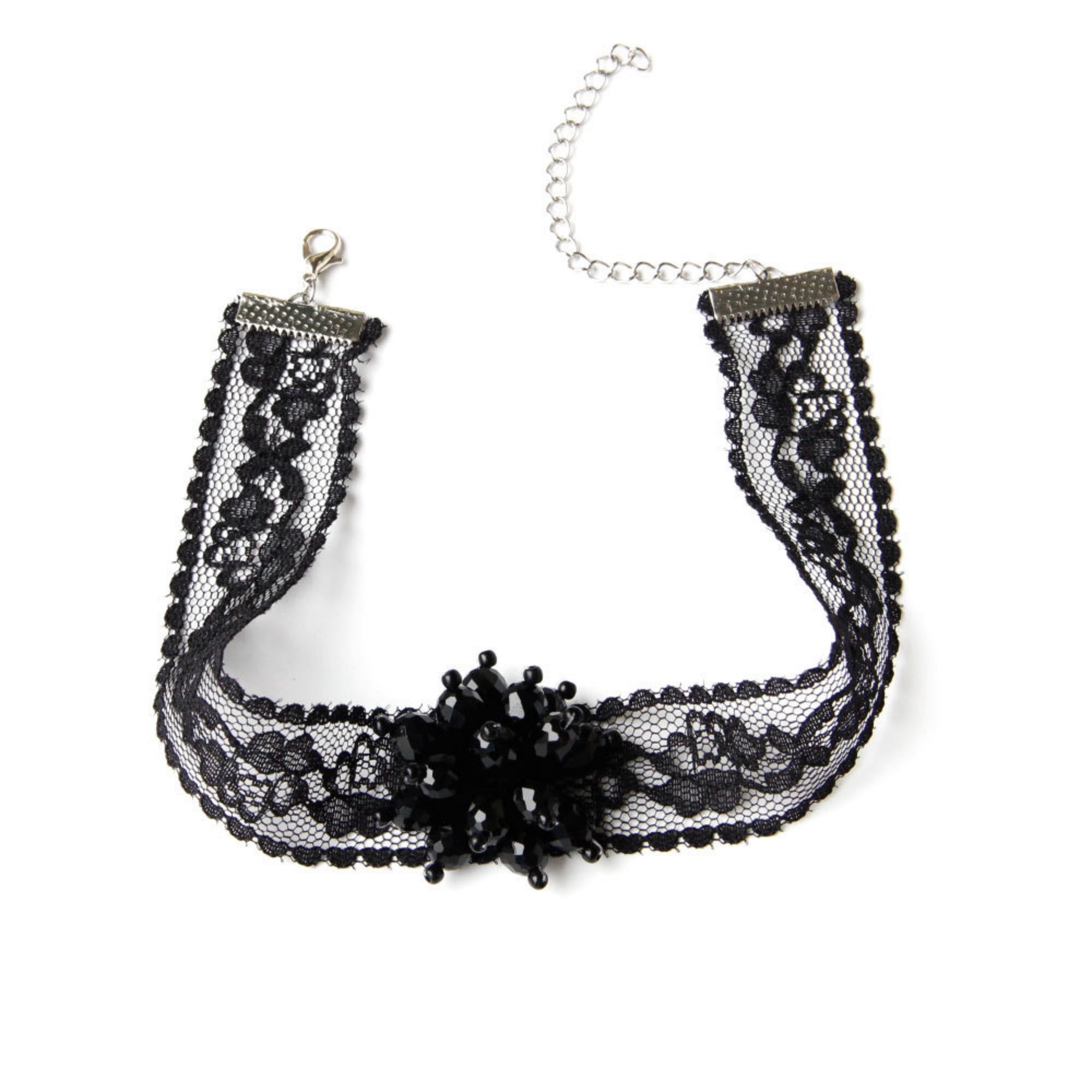 Halloween Black Lace Floral Choker Necklace | Crystal Bead Flower Center Chain Clasp Gothic Vampire Dark Aesthetic Halloween Costume Jewelry Gift
