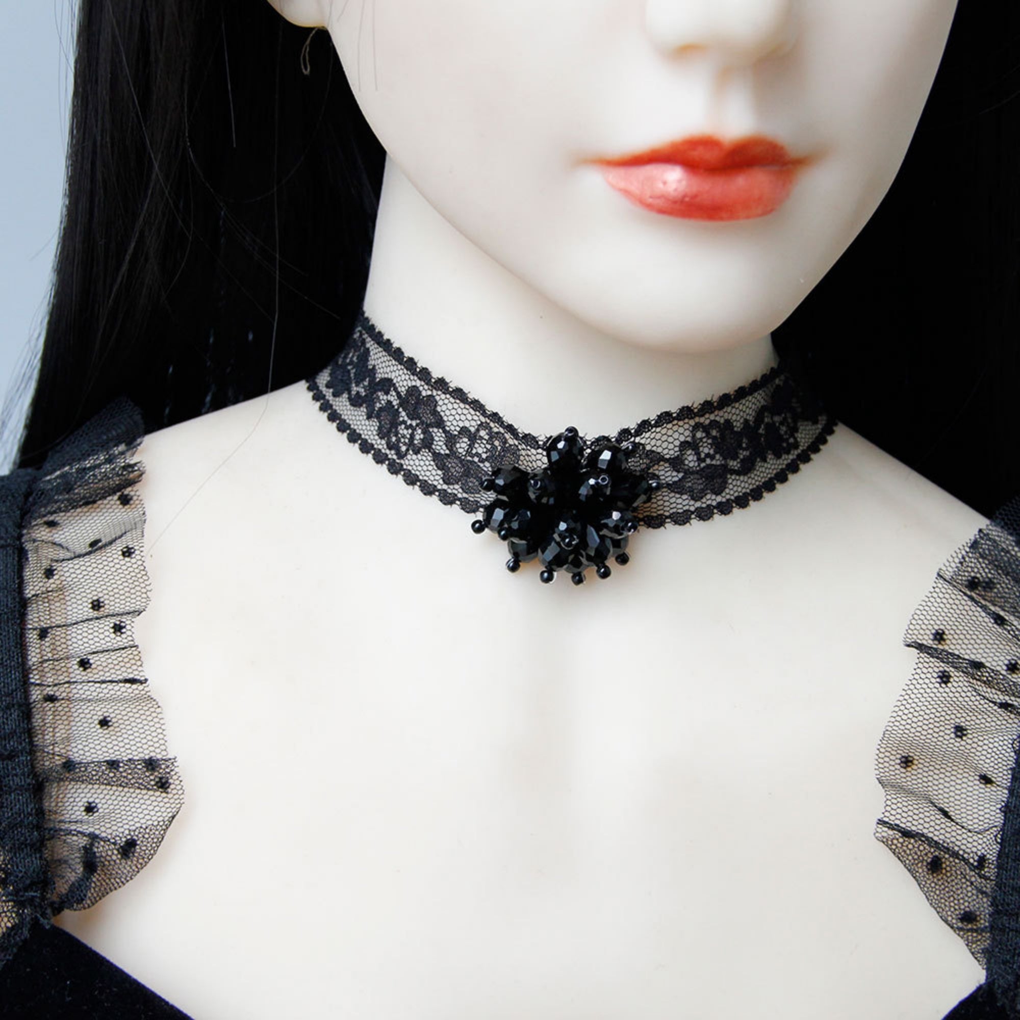 Halloween Black Lace Floral Choker Necklace | Crystal Bead Flower Center Chain Clasp Gothic Vampire Dark Aesthetic Halloween Costume Jewelry Gift