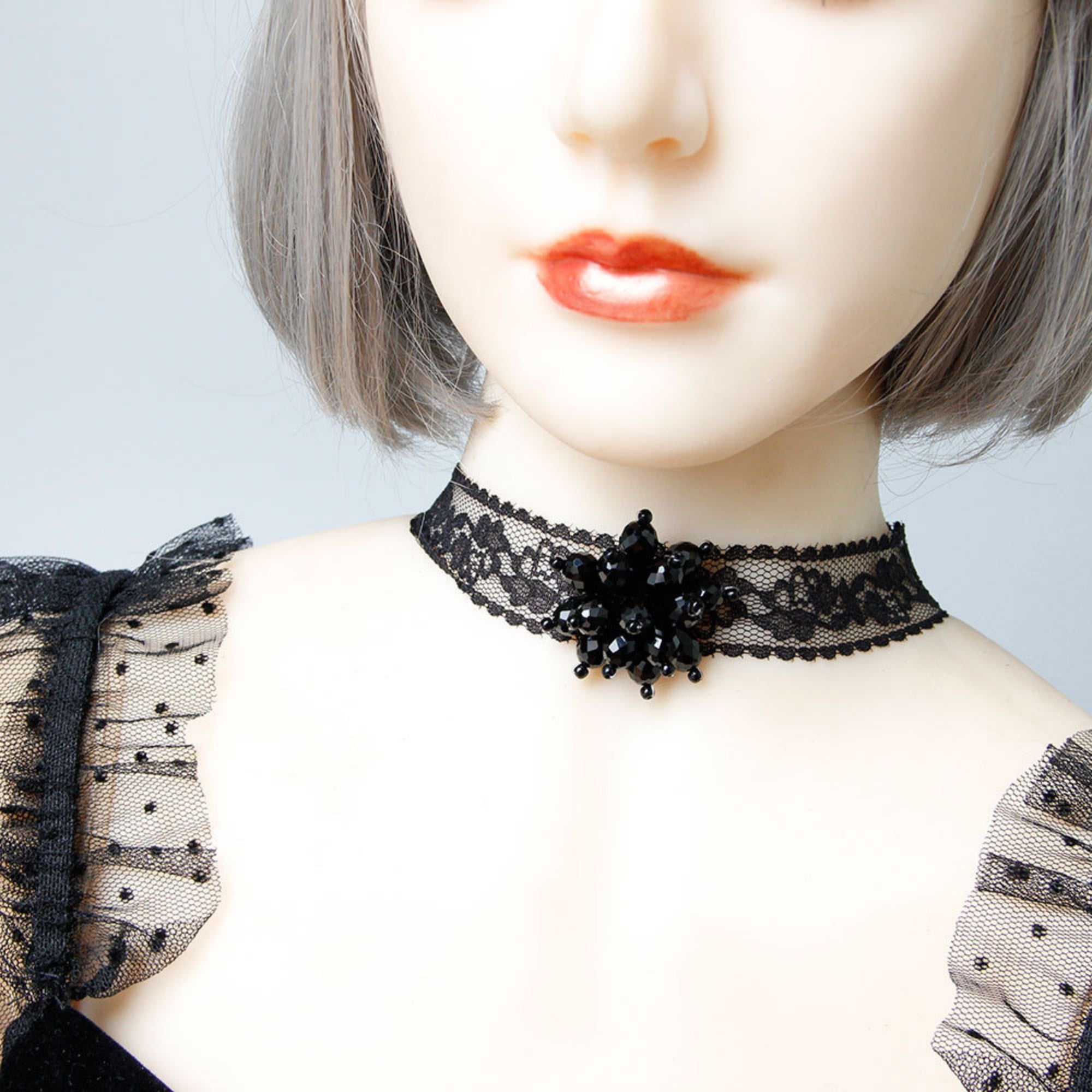 Halloween Black Lace Floral Choker Necklace | Crystal Bead Flower Center Chain Clasp Gothic Vampire Dark Aesthetic Halloween Costume Jewelry Gift