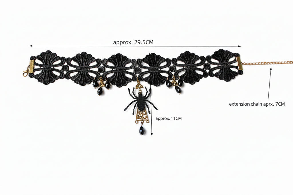 Halloween Gothic Black Spider Choker Necklace & Earrings Jewelry Set | Black Velvet Crystal Drop Dark Witch Halloween Costume Jewelry