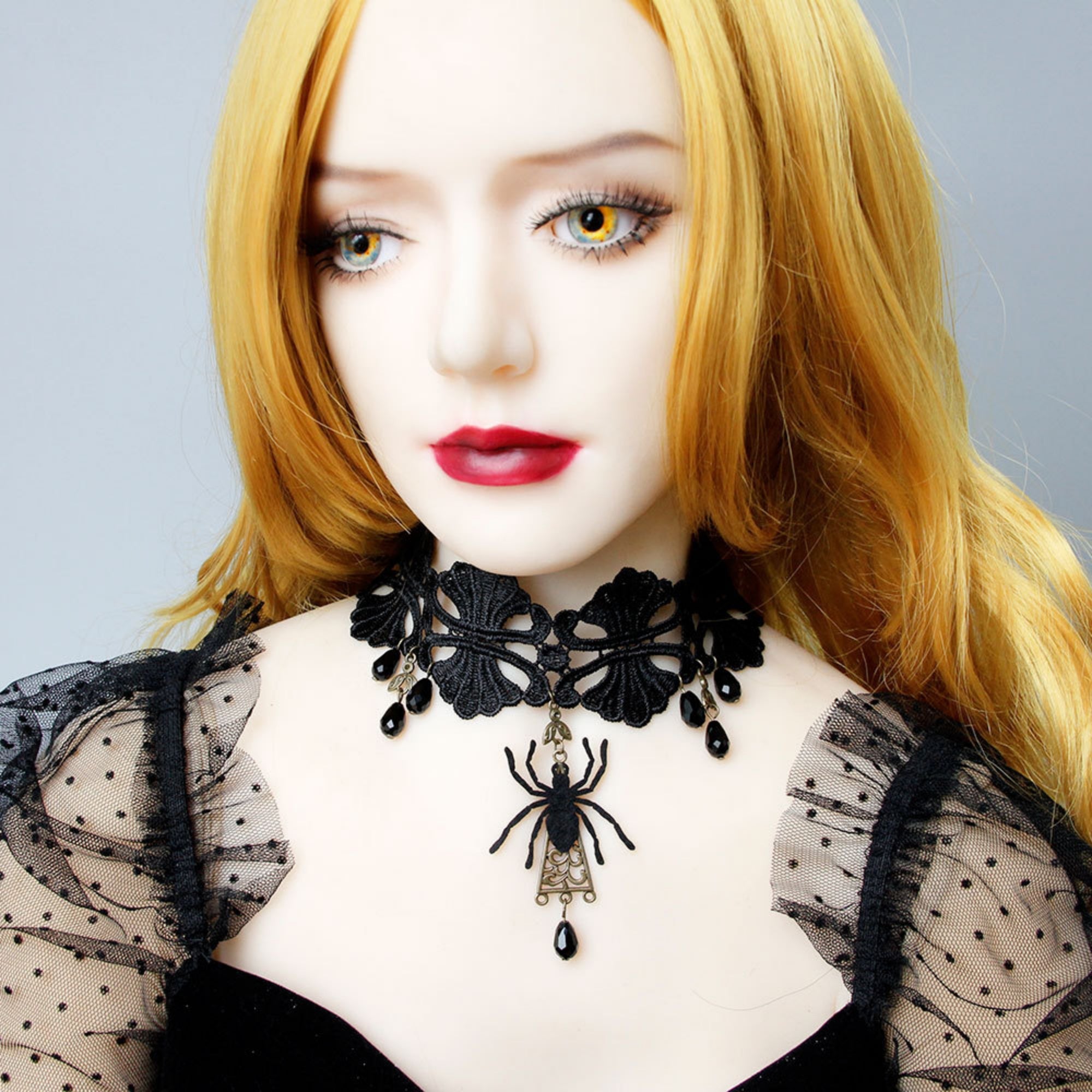 Halloween Gothic Black Spider Choker Necklace & Earrings Jewelry Set | Black Velvet Crystal Drop Dark Witch Halloween Costume Jewelry