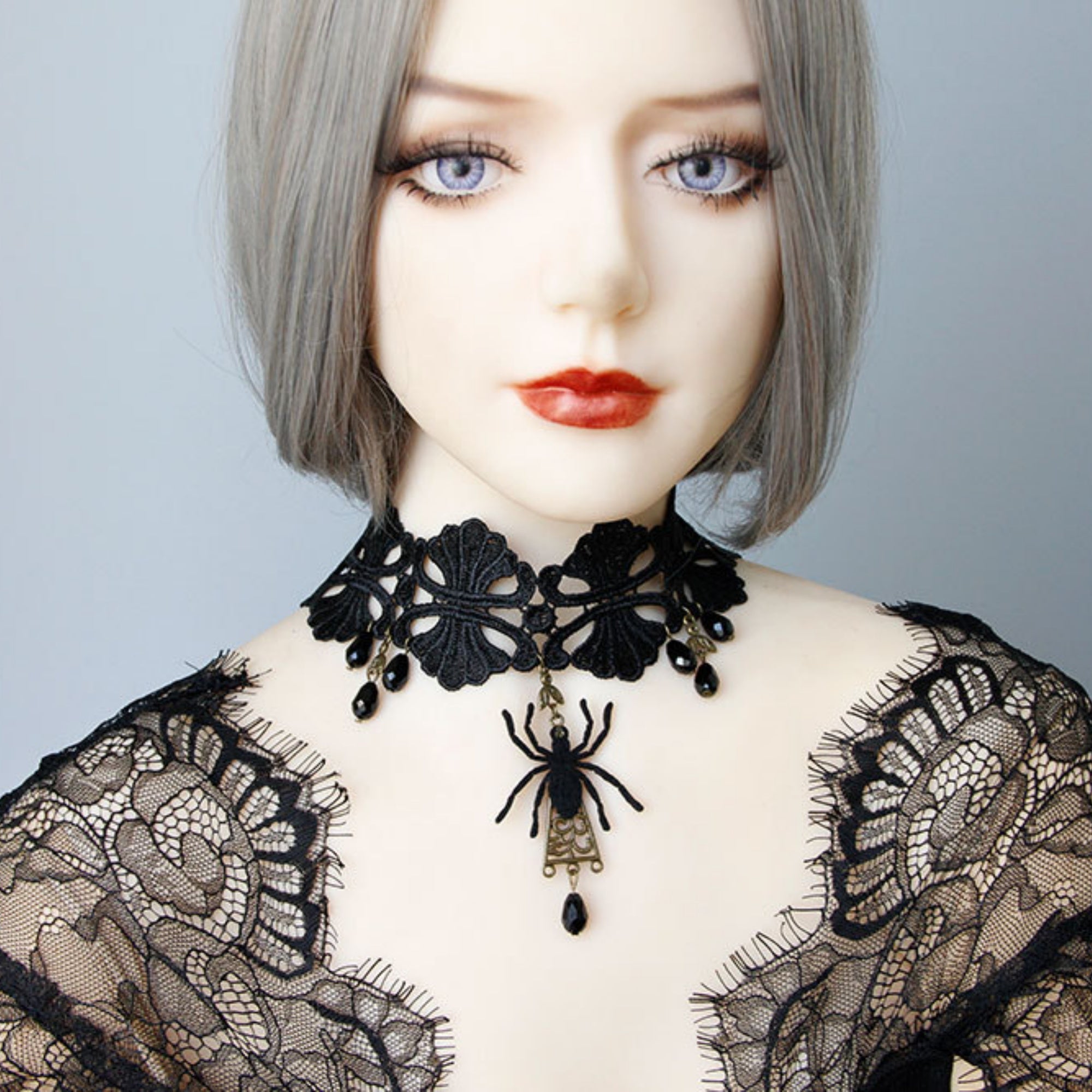 Halloween Gothic Black Spider Choker Necklace & Earrings Jewelry Set | Black Velvet Crystal Drop Dark Witch Halloween Costume Jewelry