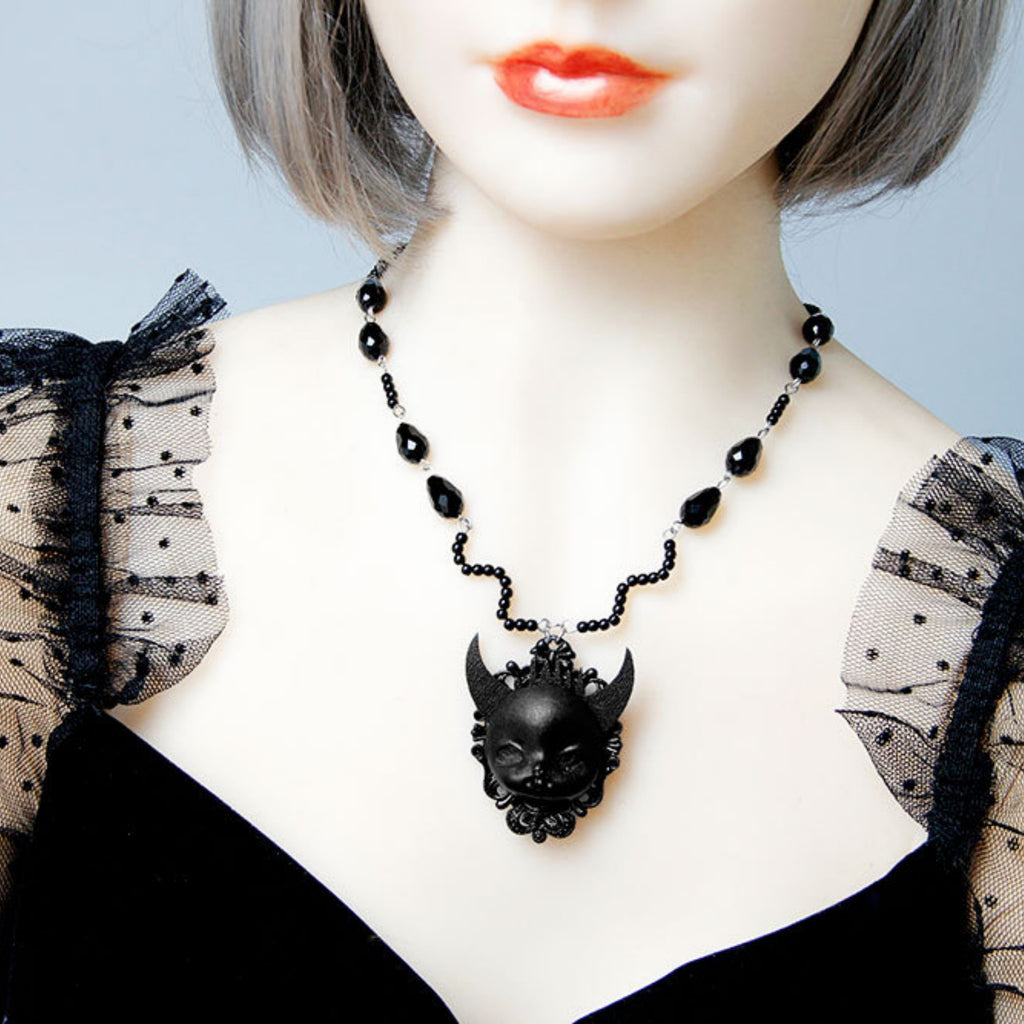 Halloween Black Crystal Bead Chain Demon Face Cameo Pendant Necklace | Gothic Y2K Dark Kawaii Devil Horns Floral Frame Vampire Halloween Costume Jewelry Gift