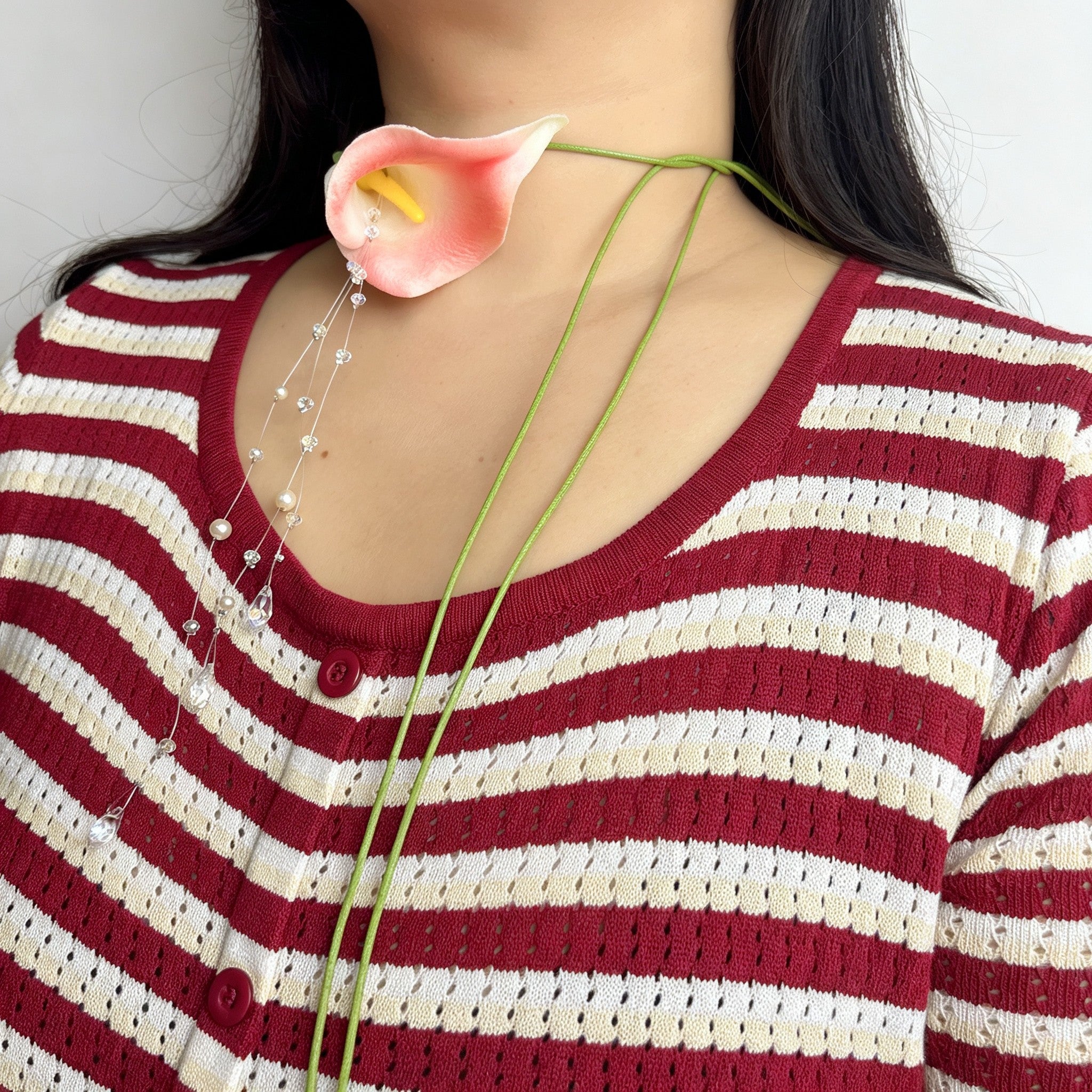 Handmade Pink Calla Lily Flower Lariat Necklace | Floating Pearl Crystal Diamond Drop Ethereal