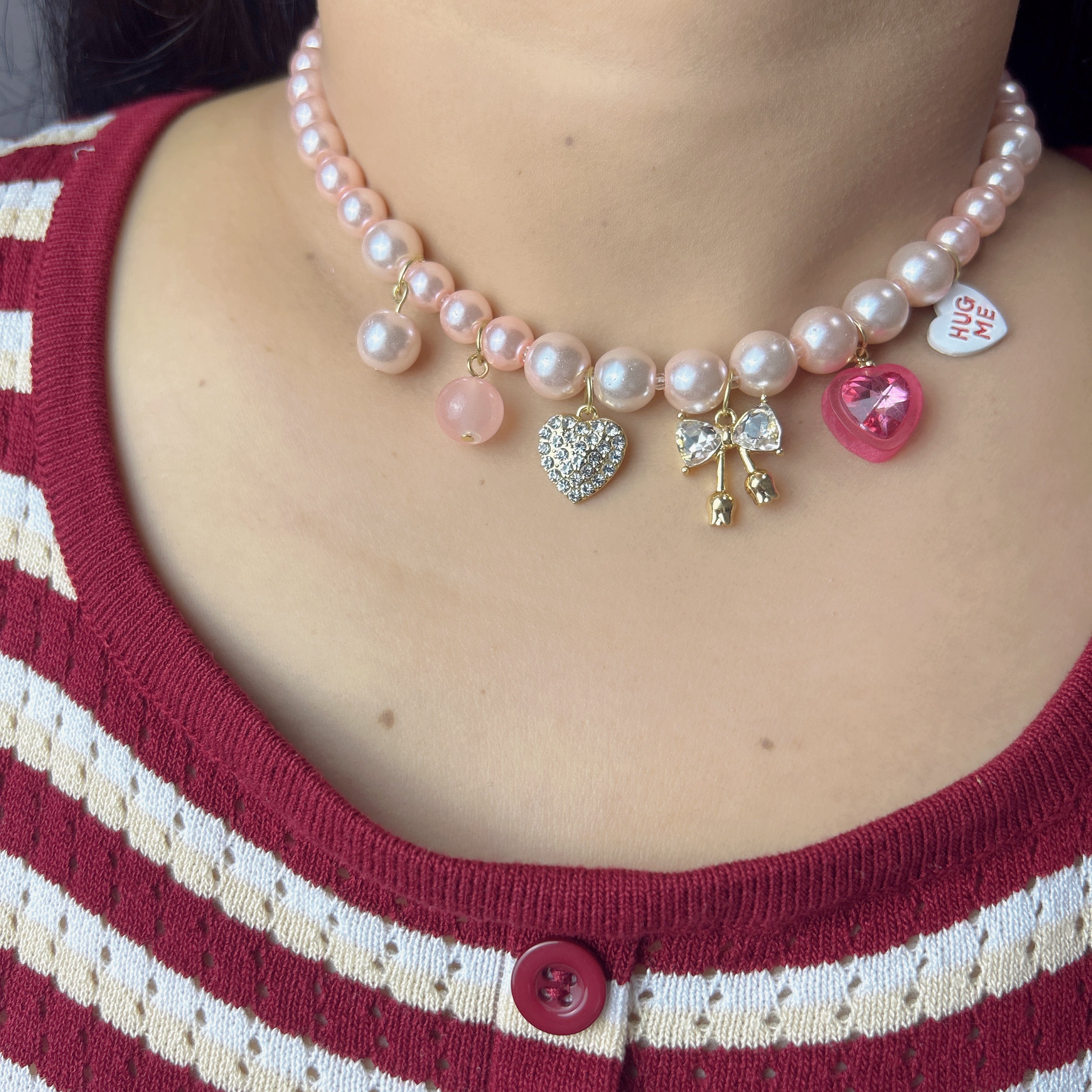Handmade Pink Pearl Multi-Charm Choker Necklace | Diamond Heart Cherry Crystal Hug Me Y2K Kawaii