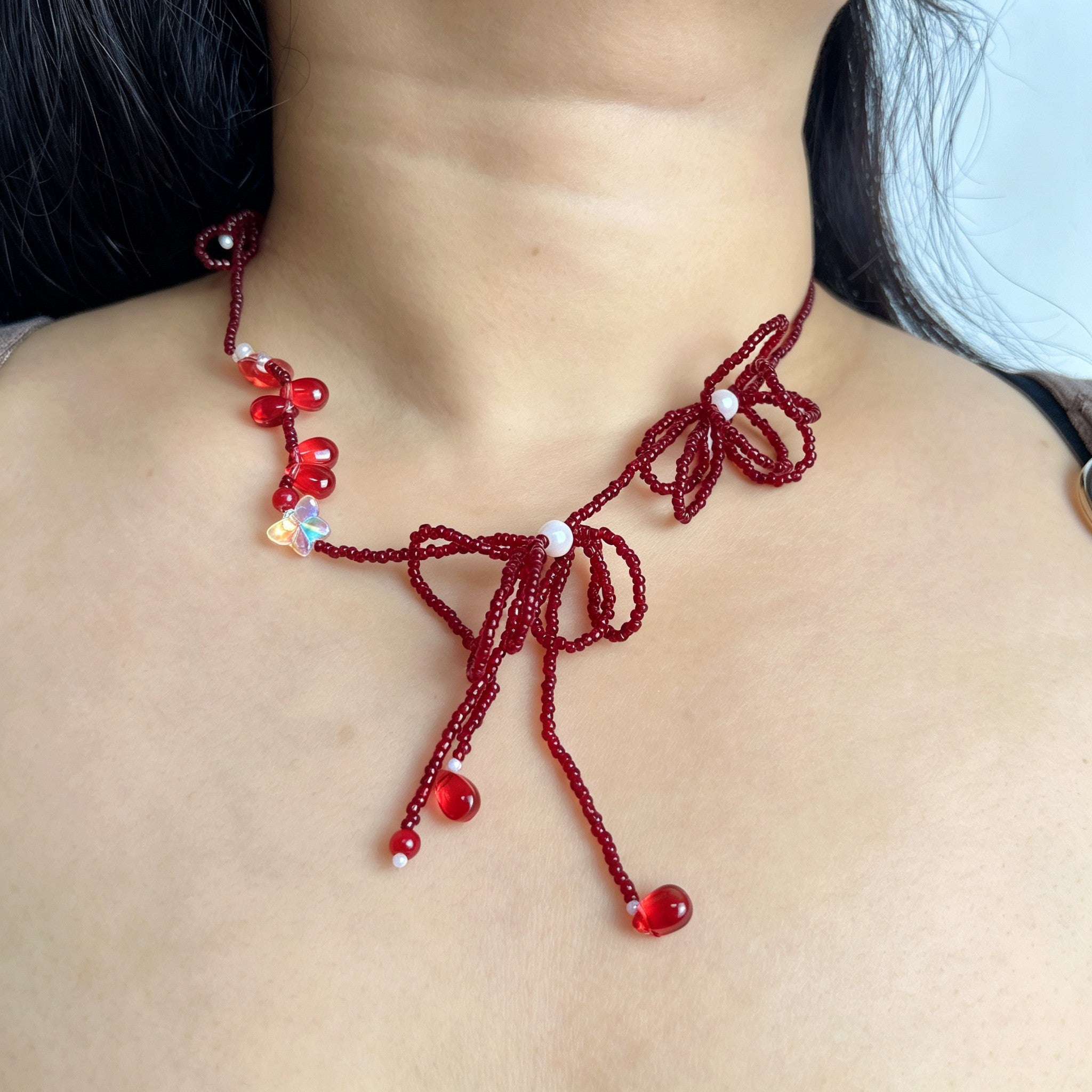 Handmade Red Seed Bead Bow Lariat Necklace | Double Bow Crystal Butterfly Pearl Drop Romantic