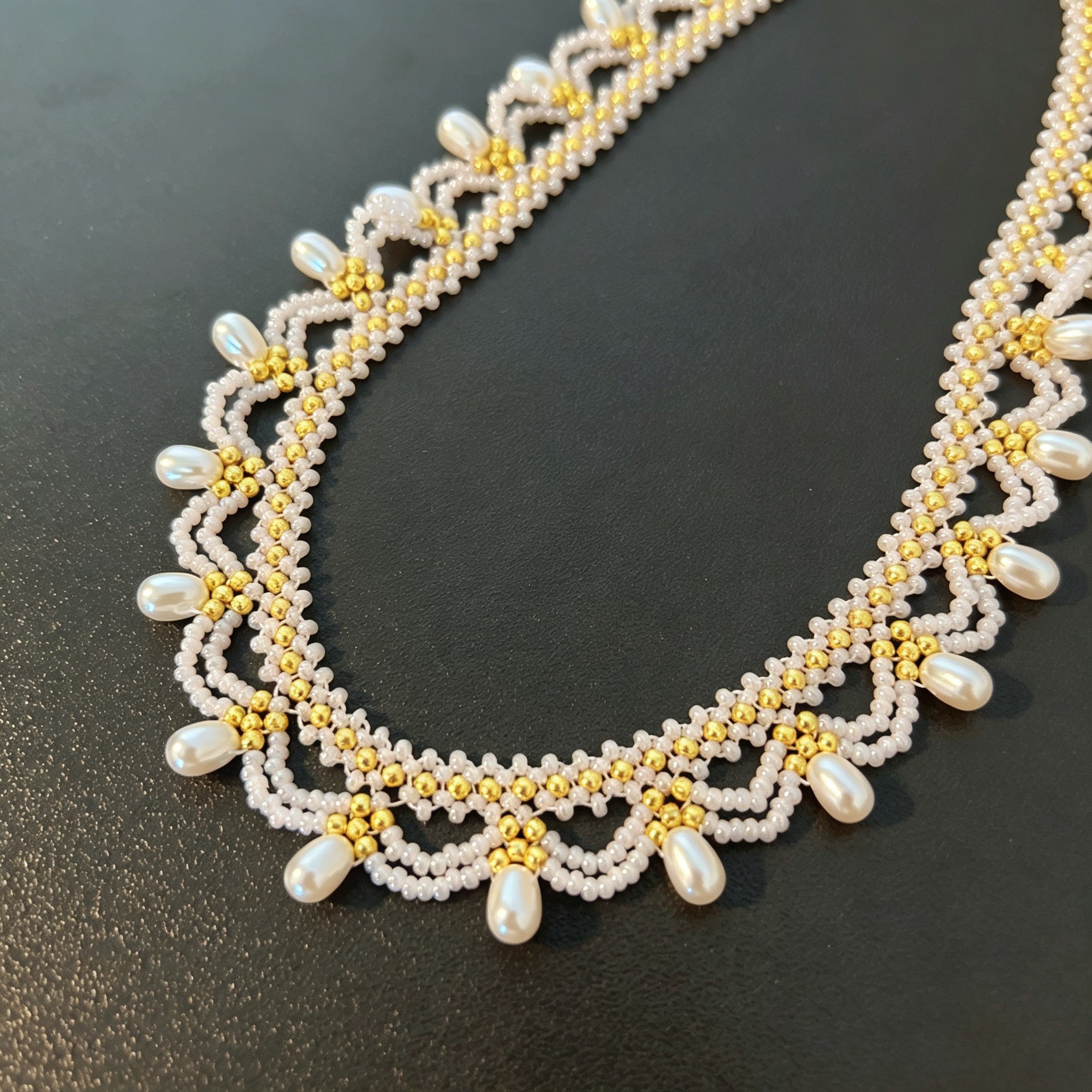 Handmade White Lace Scallop Beaded Choker Necklace | Gold Bead Pearl Drop Bridal Collar