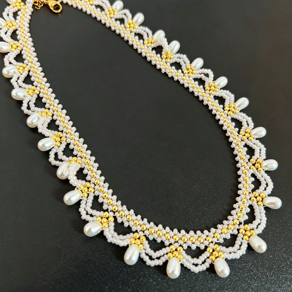 Handmade White & Gold Scallop Lace Beaded Choker Necklace | Pearl Drop Fringe Bridal Wedding Collar