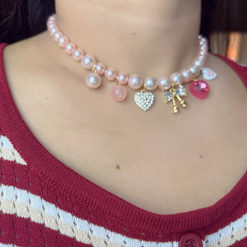 Handmade Pink Pearl Multi-Charm Choker Necklace | Diamond Heart Cherry Crystal Hug Me Y2K Kawaii