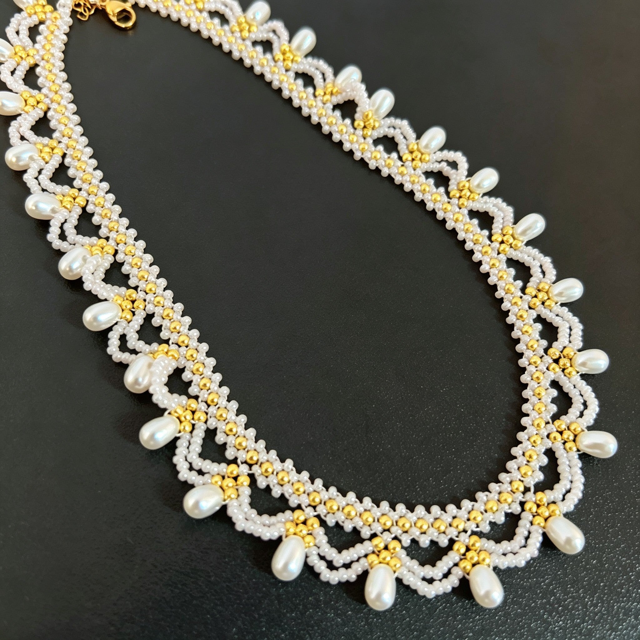 Handmade White Lace Scallop Beaded Choker Necklace | Gold Bead Pearl Drop Bridal Collar