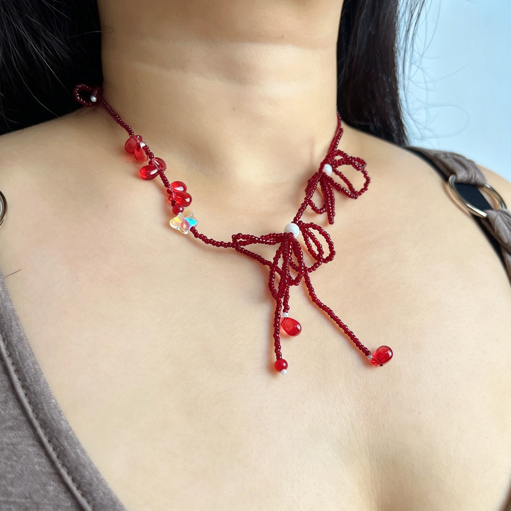 Handmade Red Seed Bead Bow Lariat Necklace | Double Bow Crystal Butterfly Pearl Drop Romantic