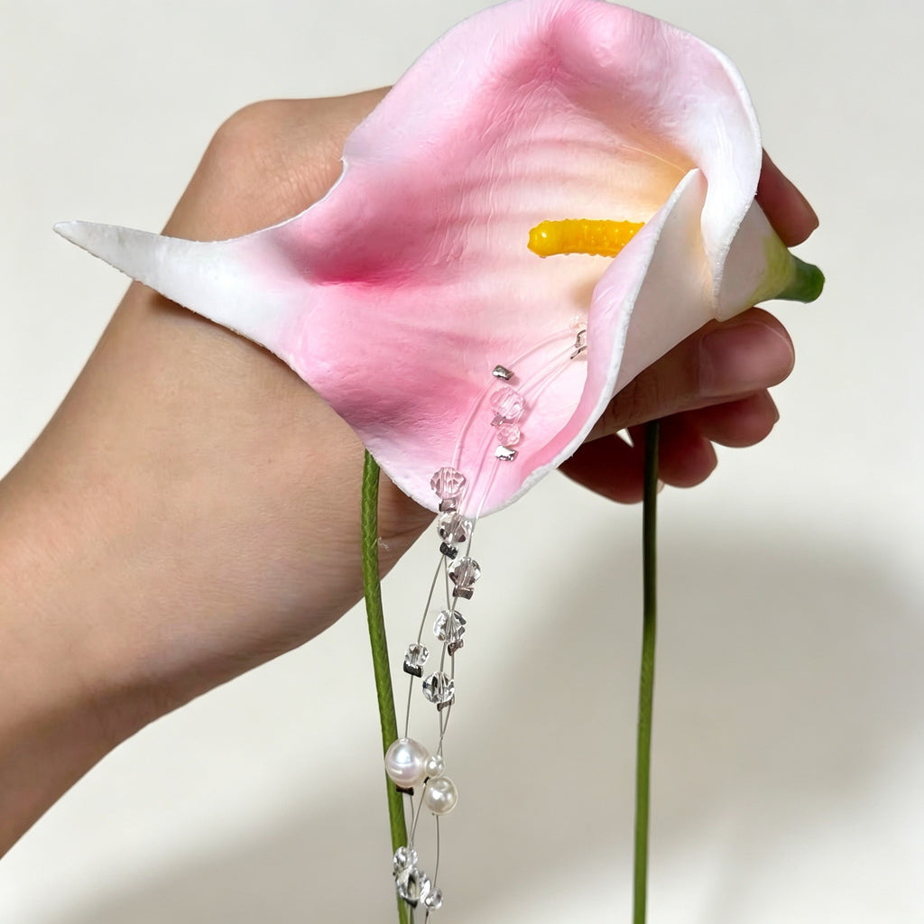 Handmade Pink Calla Lily Flower Lariat Necklace | Floating Pearl Crystal Diamond Drop Ethereal