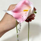 Handmade Pink Calla Lily Flower Lariat Necklace | Floating Pearl Crystal Diamond Drop Ethereal