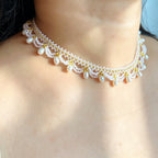 Handmade White & Gold Scallop Lace Beaded Choker Necklace | Pearl Drop Fringe Bridal Wedding Collar