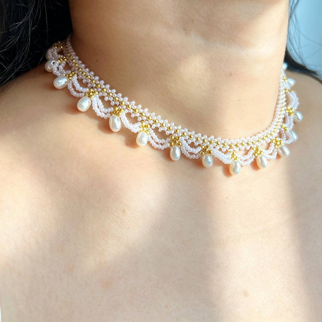 Handmade White Lace Scallop Beaded Choker Necklace | Gold Bead Pearl Drop Bridal Collar