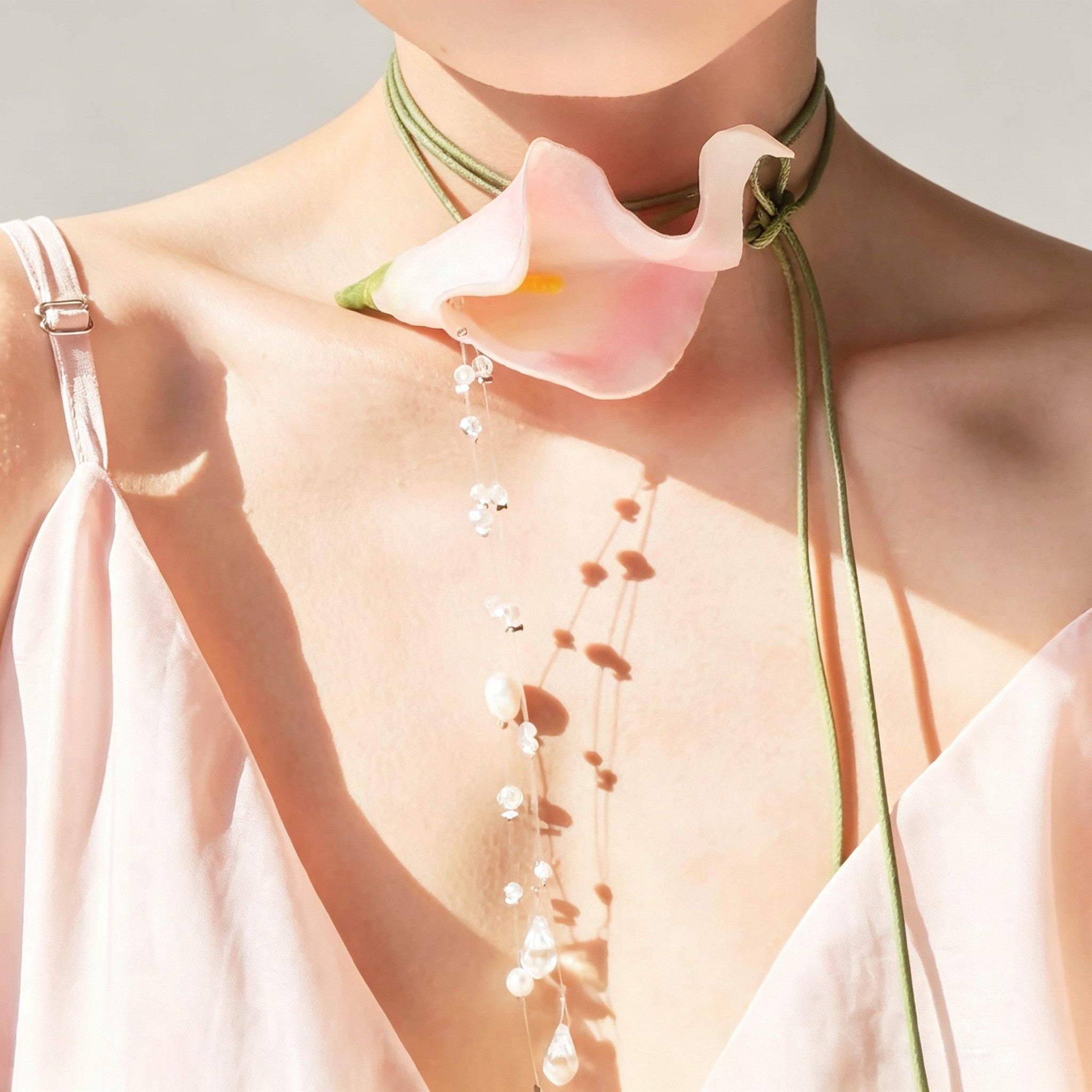 Handmade Pink Calla Lily Flower Lariat Necklace | Floating Pearl Crystal Diamond Drop Ethereal