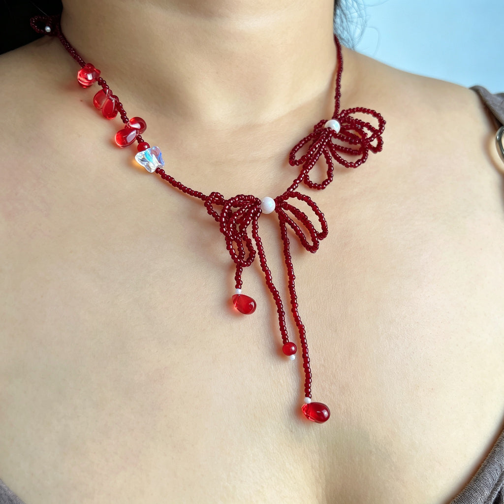 Handmade Red Seed Bead Bow Lariat Necklace | Double Bow Crystal Butterfly Pearl Drop Romantic