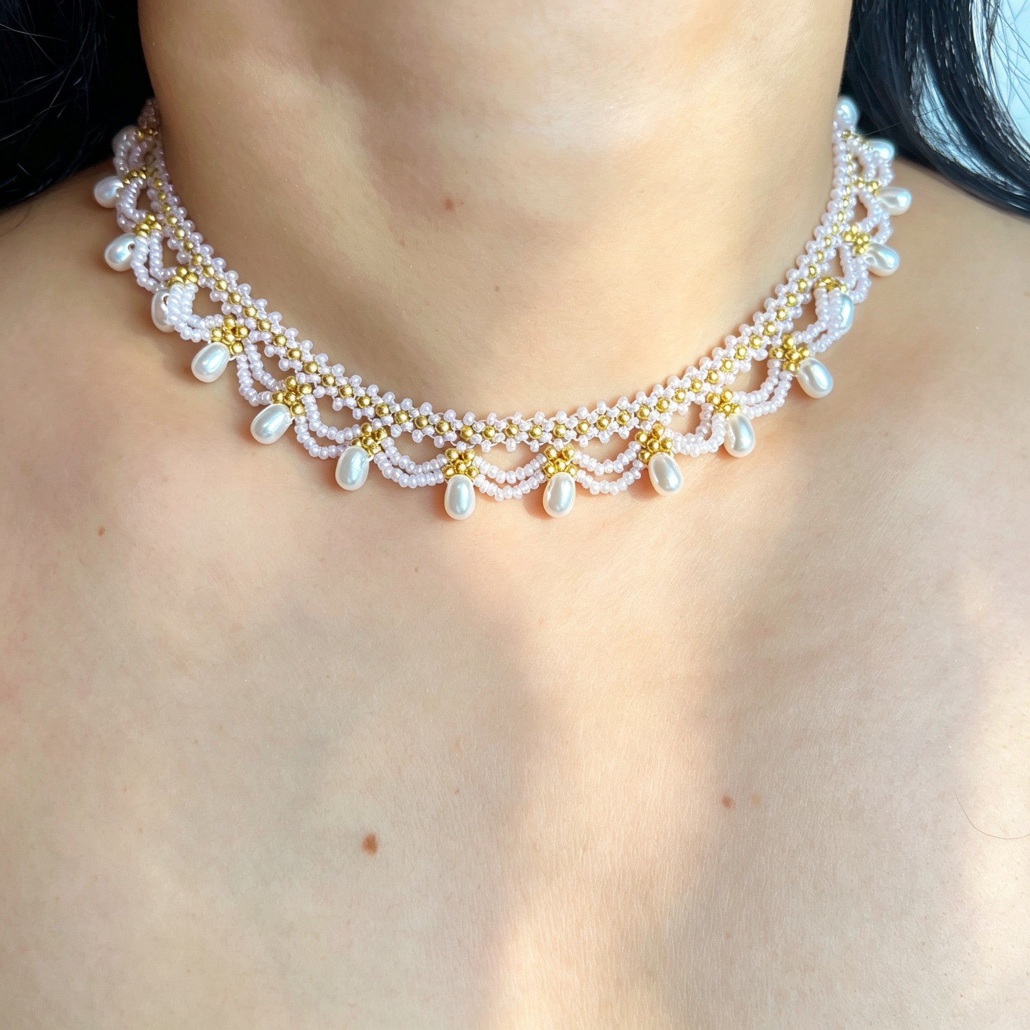 Handmade White Lace Scallop Beaded Choker Necklace | Gold Bead Pearl Drop Bridal Collar