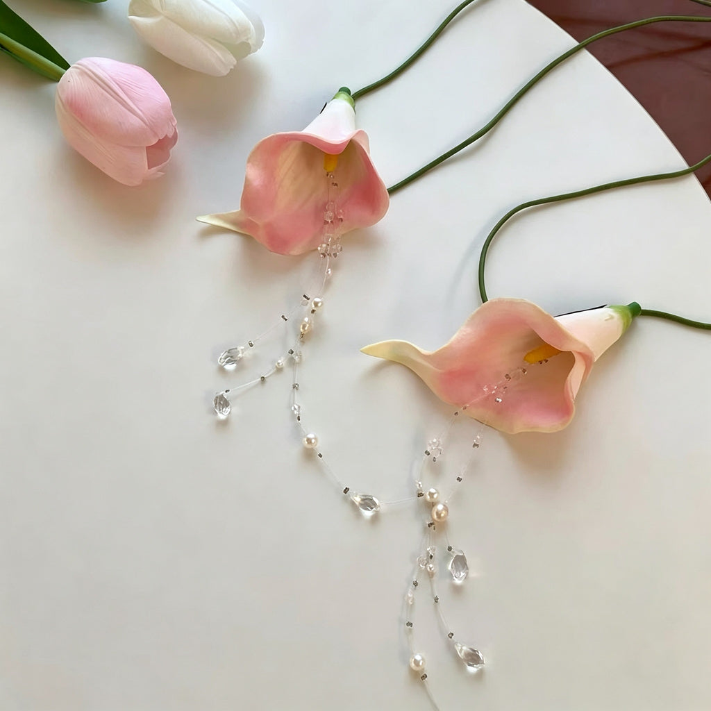 Handmade Pink Calla Lily Flower Lariat Necklace | Floating Pearl Crystal Diamond Drop Ethereal