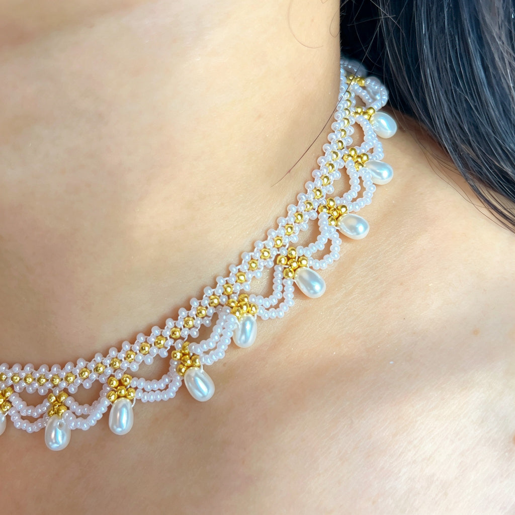 Handmade White & Gold Scallop Lace Beaded Choker Necklace | Pearl Drop Fringe Bridal Wedding Collar