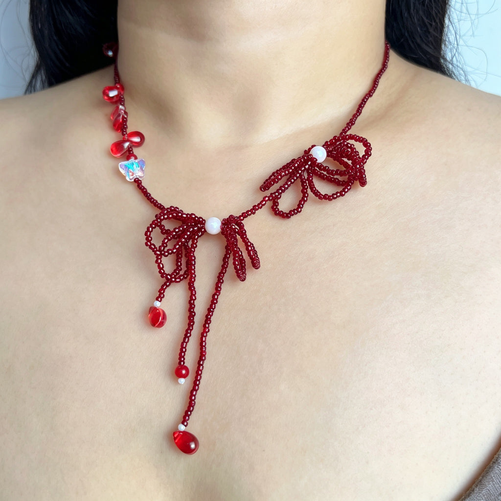 Handmade Red Seed Bead Bow Lariat Necklace | Double Bow Crystal Butterfly Pearl Drop Romantic