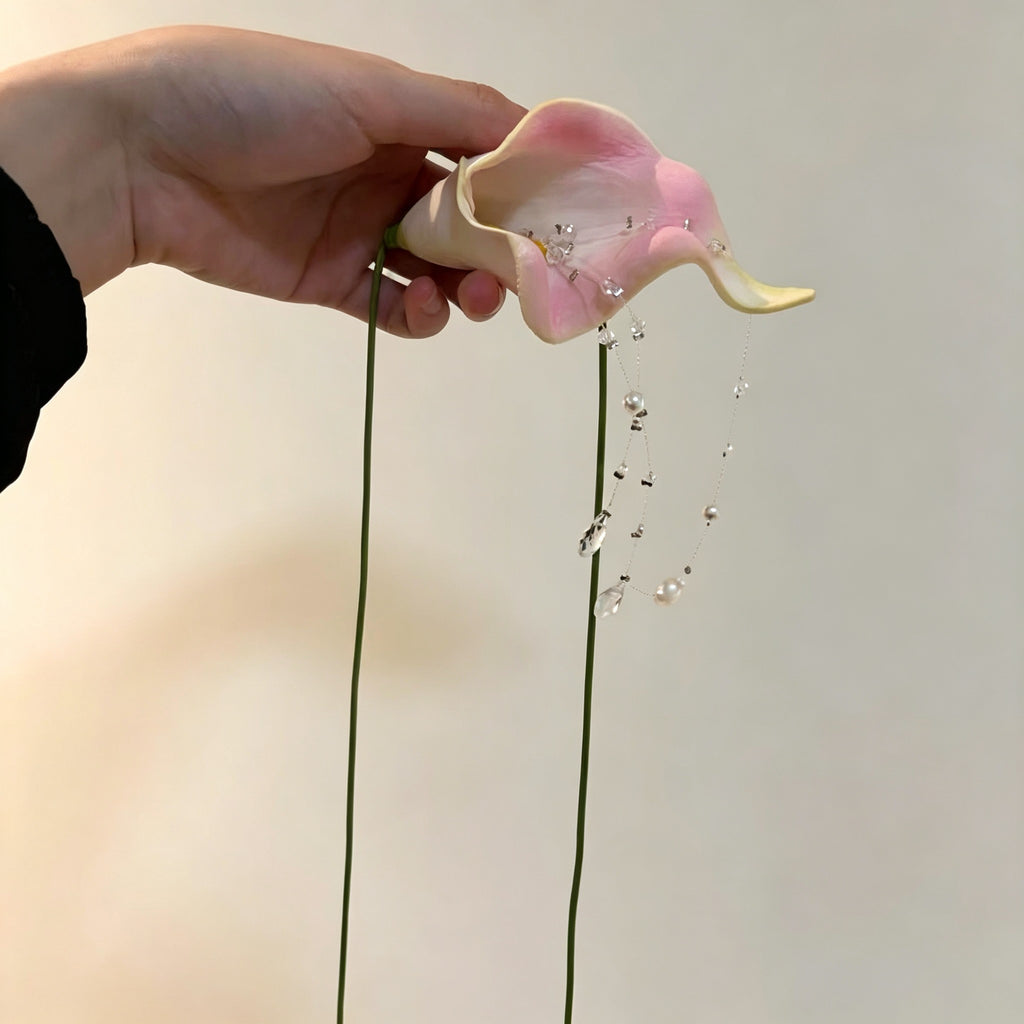 Handmade Pink Calla Lily Flower Lariat Necklace | Floating Pearl Crystal Diamond Drop Ethereal