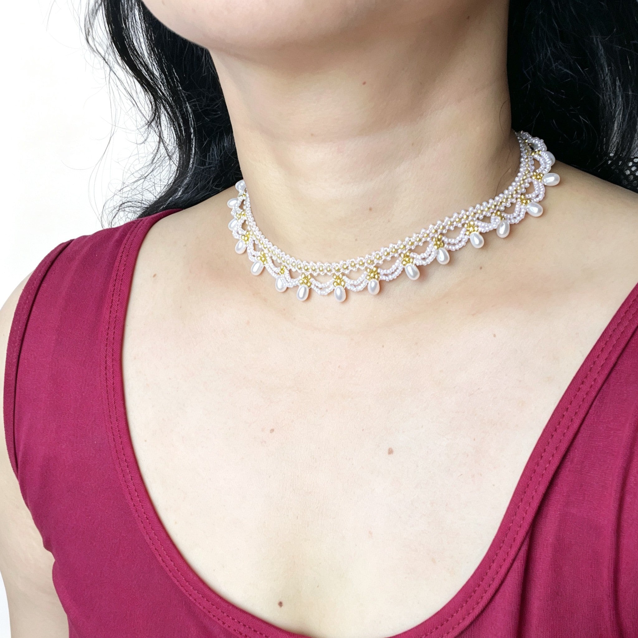 Handmade White & Gold Scallop Lace Beaded Choker Necklace | Pearl Drop Fringe Bridal Wedding Collar