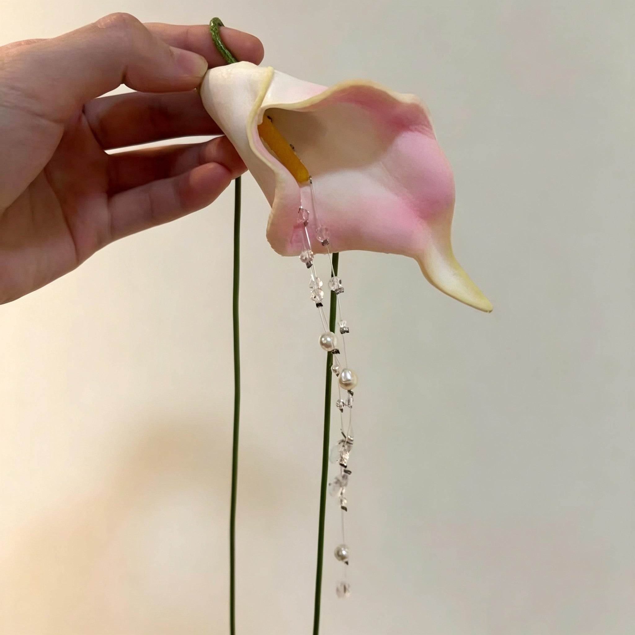 Handmade Pink Calla Lily Flower Lariat Necklace | Floating Pearl Crystal Diamond Drop Ethereal