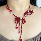 Handmade Red Seed Bead Bow Lariat Necklace | Double Bow Crystal Butterfly Pearl Drop Romantic
