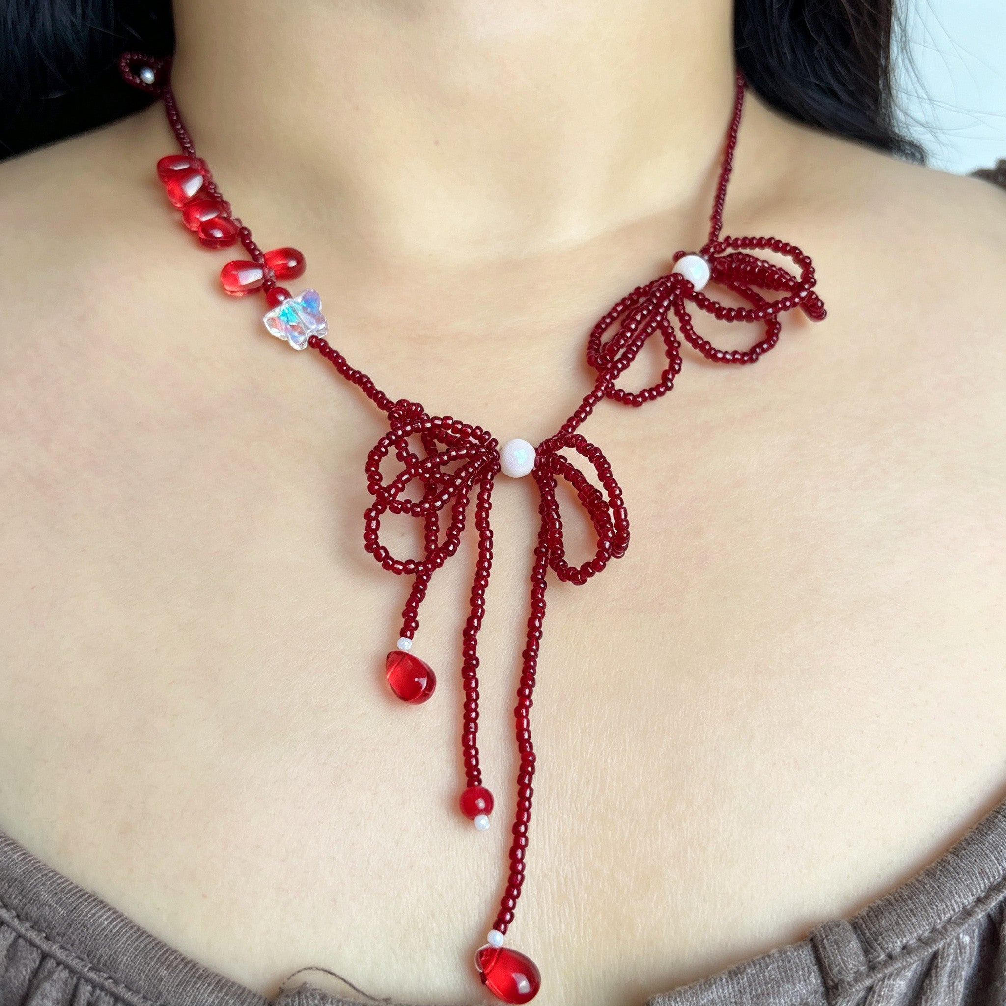 Handmade Red Seed Bead Bow Lariat Necklace | Double Bow Crystal Butterfly Pearl Drop Romantic
