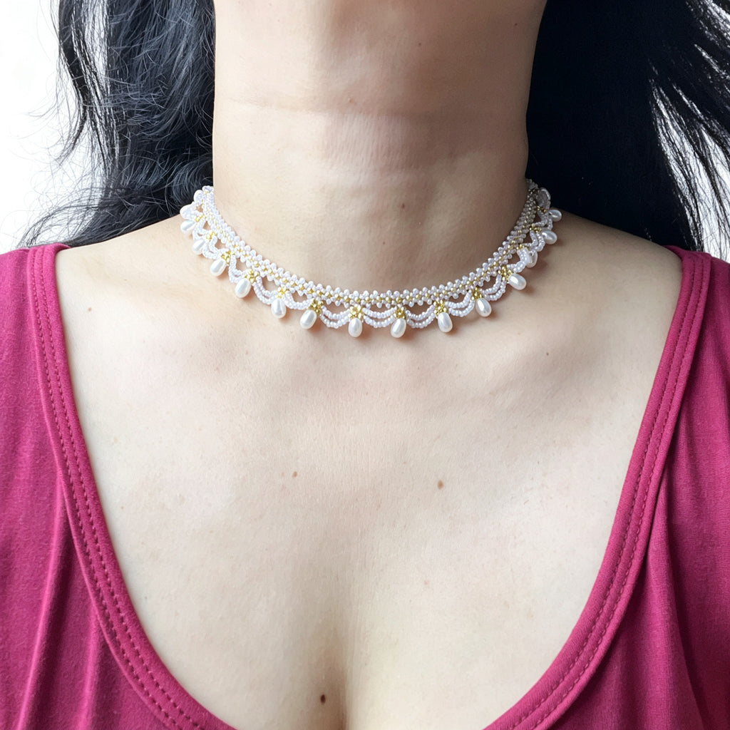 Handmade White & Gold Scallop Lace Beaded Choker Necklace | Pearl Drop Fringe Bridal Wedding Collar