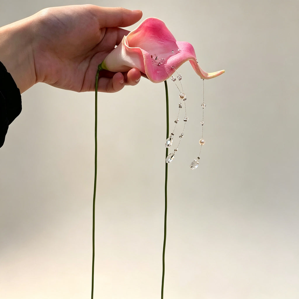 Handmade Pink Calla Lily Flower Lariat Necklace | Floating Pearl Crystal Diamond Drop Ethereal