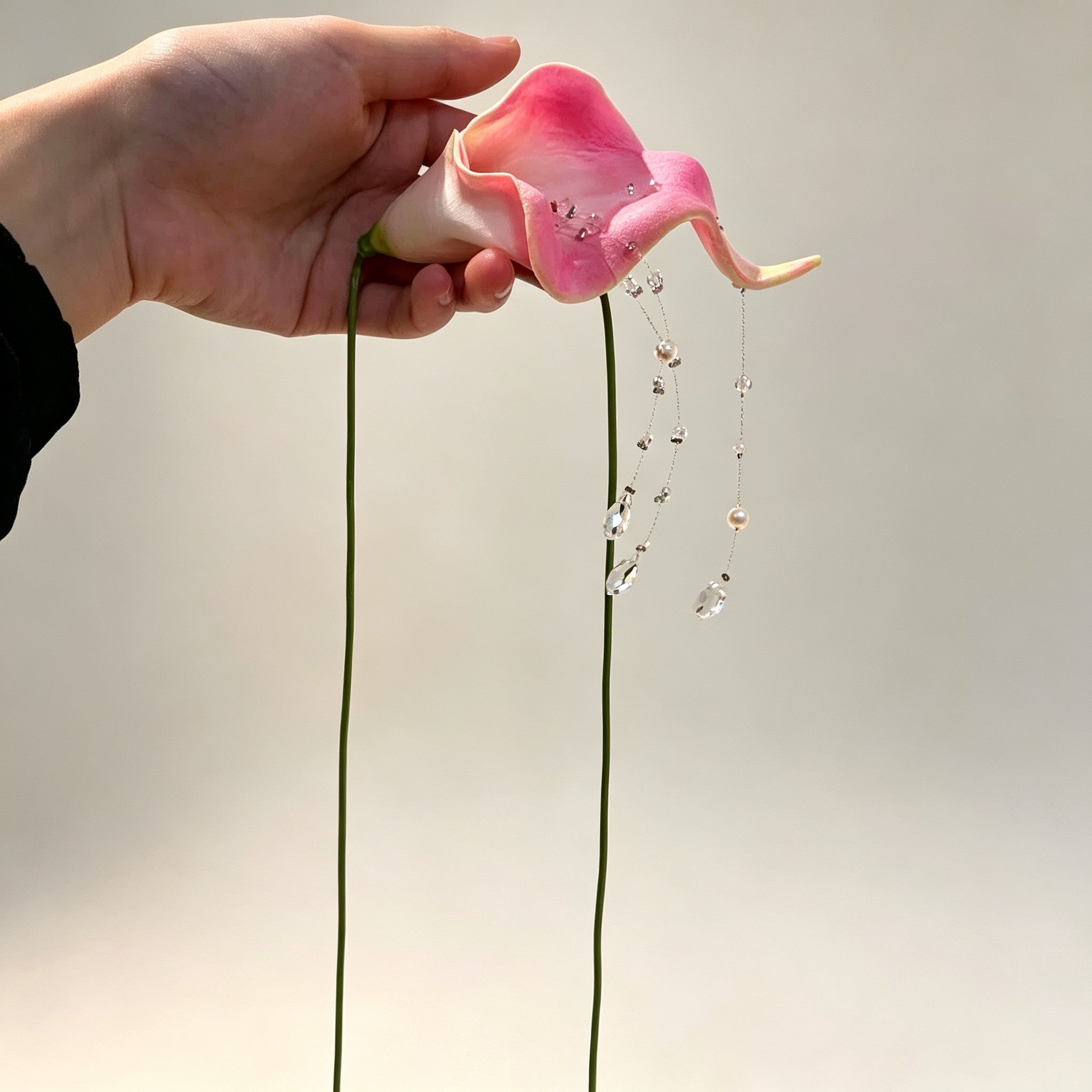 Handmade Pink Calla Lily Flower Lariat Necklace | Floating Pearl Crystal Diamond Drop Ethereal