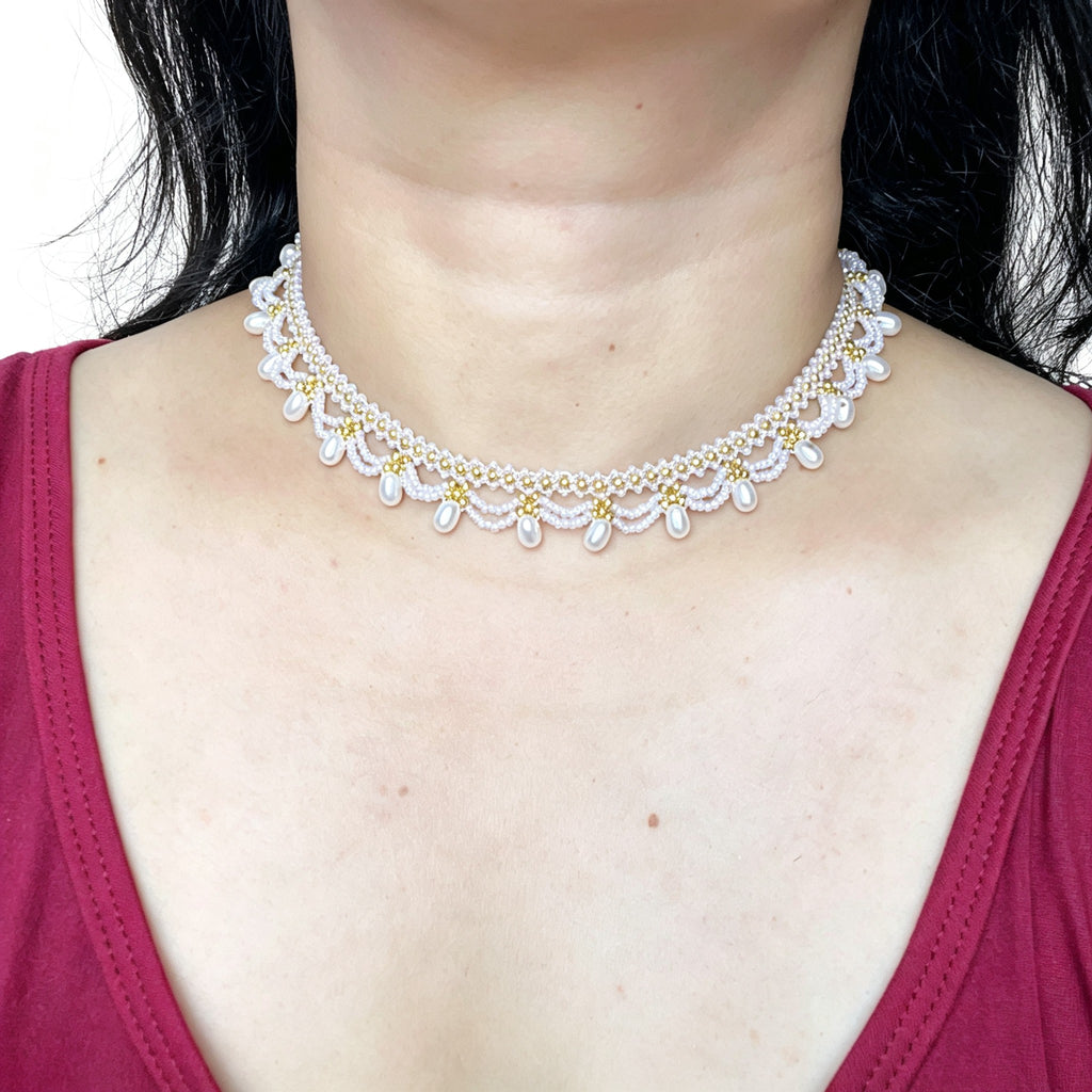 Handmade White & Gold Scallop Lace Beaded Choker Necklace | Pearl Drop Fringe Bridal Wedding Collar
