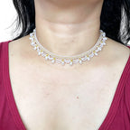 Handmade White Lace Scallop Beaded Choker Necklace | Gold Bead Pearl Drop Bridal Collar