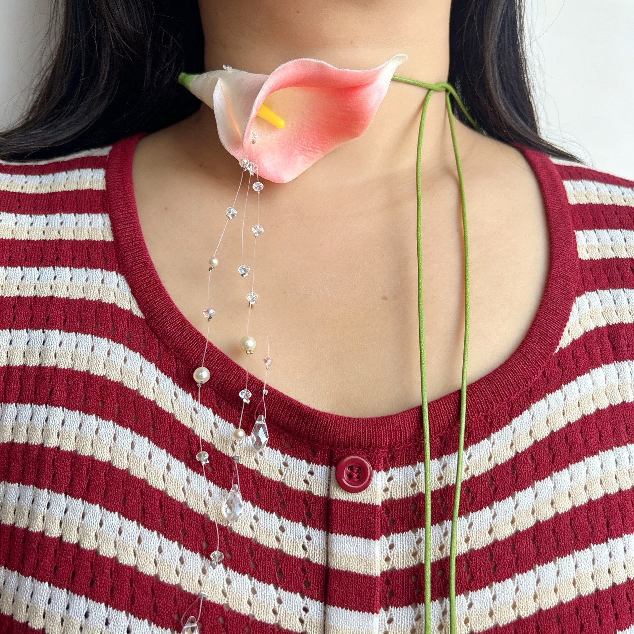 Handmade Pink Calla Lily Flower Lariat Necklace | Floating Pearl Crystal Diamond Drop Ethereal